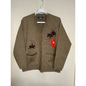 Hualinyangmaoshan Womens Cardigan Brown Embroidered Button Up Front Pockets NWT